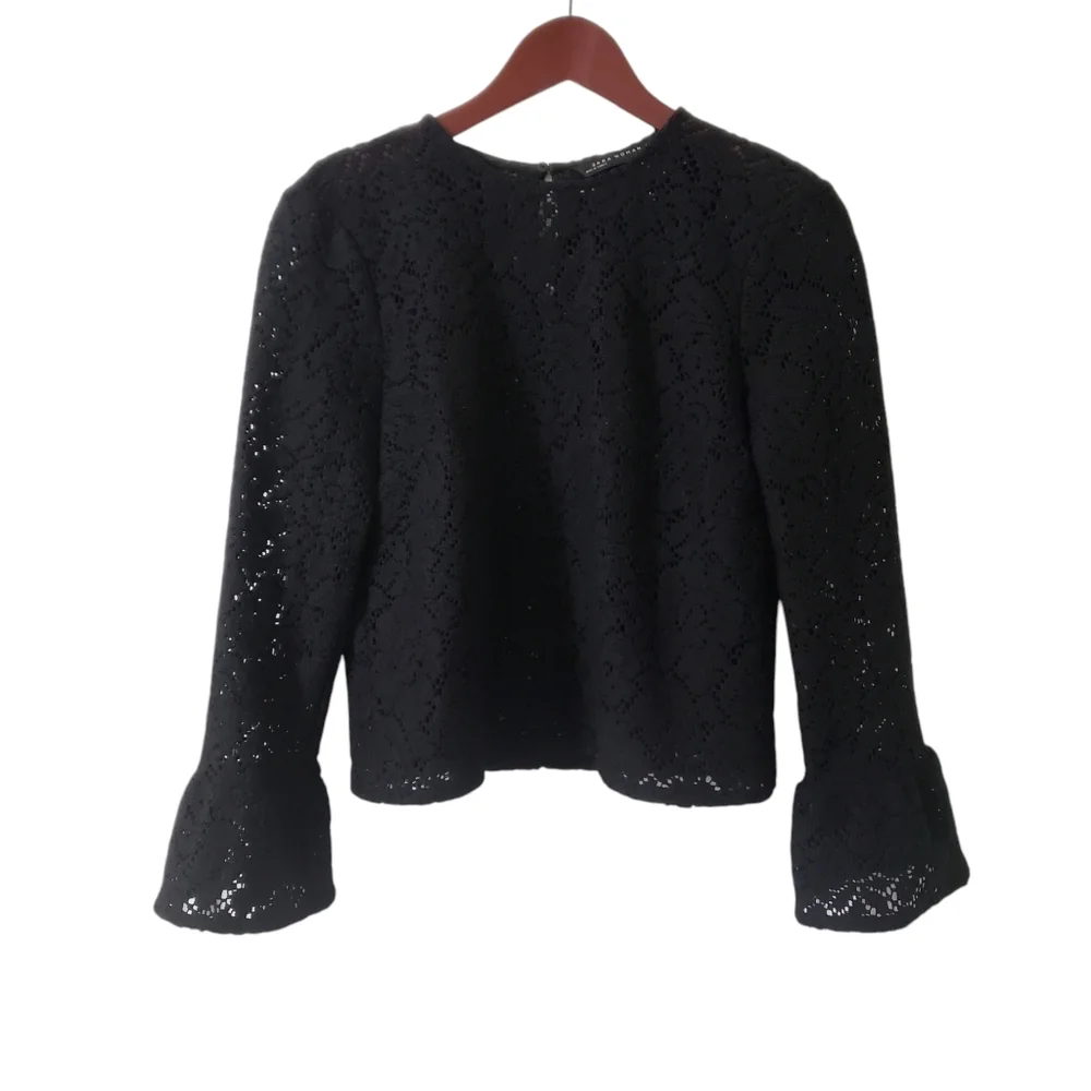Zara Woman Black Crochet Knit Lace Top  Medium Bell Sleeve Whimsigoth Boho Witch
